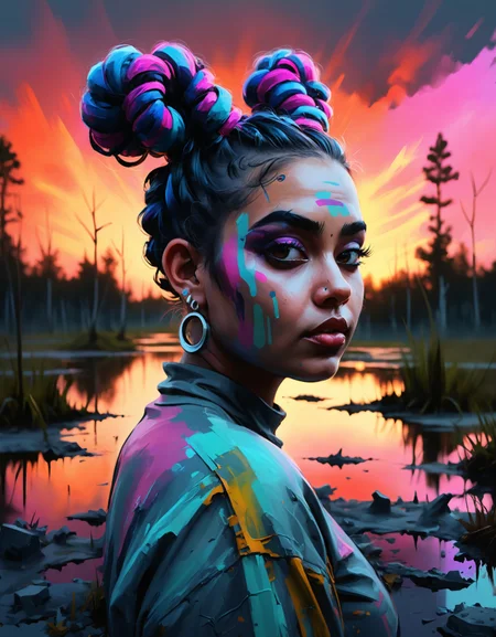 zavy-rghpnt, medium shot of a thicc (Farida:1.2) , Farida is Artistic, Space buns hairstyle, background is Swamp, at Dusk, soft focus, energetic brushwork, Surreal digital illustrations, concrete, iconic portraits and reportage, Swedish landscapes, desaturated, American documentary photography, abstract, digital art, RAW photo, colorful, radiant, dramatic, great light, vivid colors
