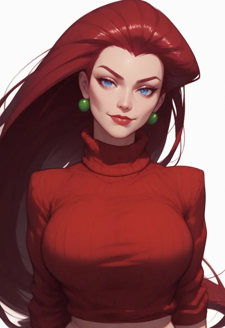 score_9, score_8_up, score_8, score_7_up, score_7, ((close up)), face focus, Expressiveh
BREAK
1girl, solo, EPpkJessie, long hair, blue eyes, red hair, hair slicked back, large breasts, looking at viewer, head tilt, seductive look, aroused, horny, standing, red turtleneck sweater, light smile
BREAK
white background