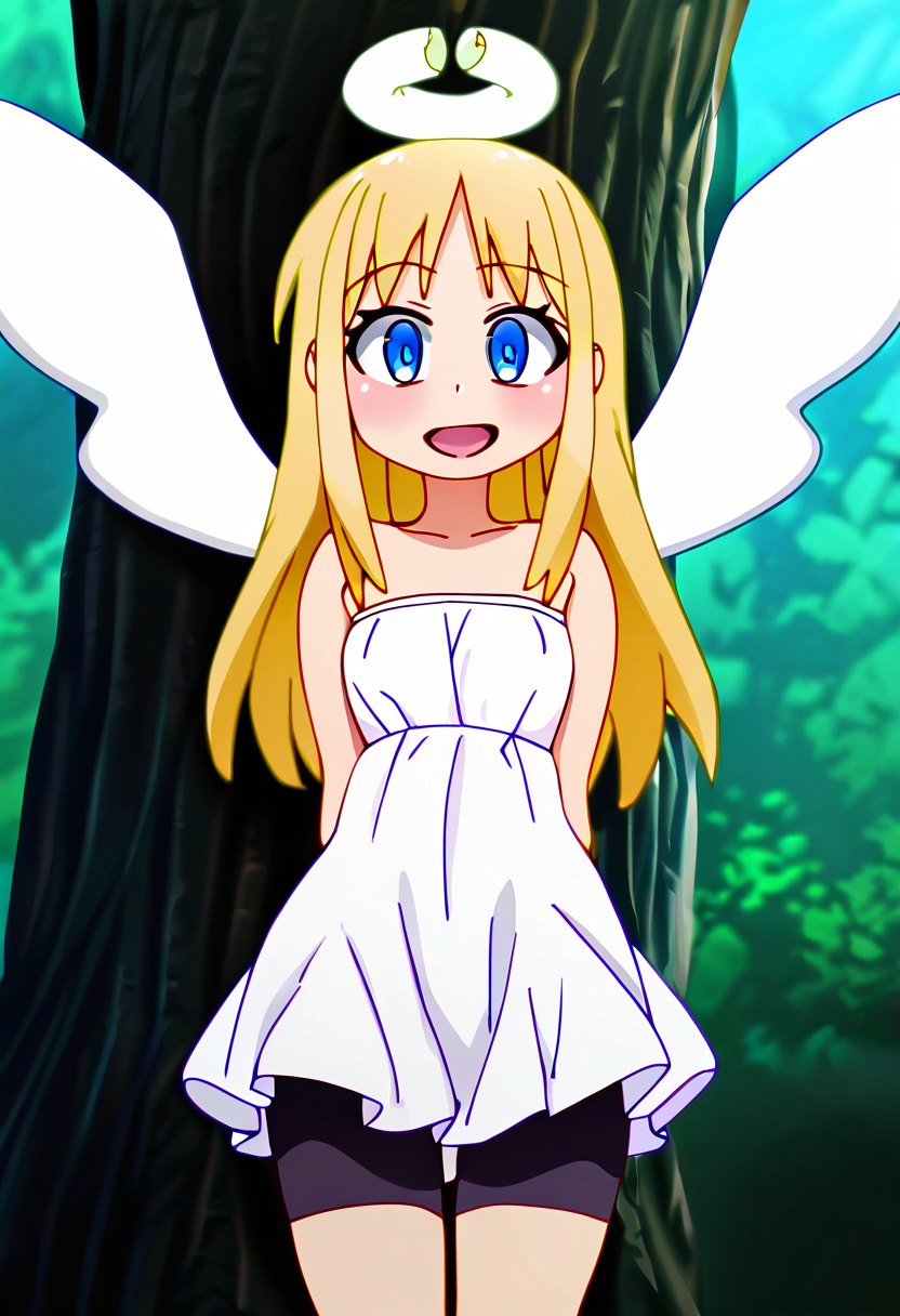 (masterpiece, best quality, good quality, very aesthetic, absurdres, newest:1.2),    1girl, solo, eyelashes, (beautiful eyes),     Crimvael, solo, long hair, open mouth, blue eyes, blonde hair, dress, bare shoulders, wings, shorts, white dress, tree, strapless, halo, black shorts, bike shorts, strapless dress, angel wings, angel, shorts under dress   smile, looking at viewer,  <lora:IshuzokuReviewersNAI:1.0>,