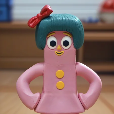 score_9, score_8_up, score_7_up, 1girl, solo, minga1, green hair, pink skin, Claymation, hands on hips, child, sassy, smile, black eyes, red bow, yellow buttons, blurry background, playroom, <lora:minga1-000011:1>,
