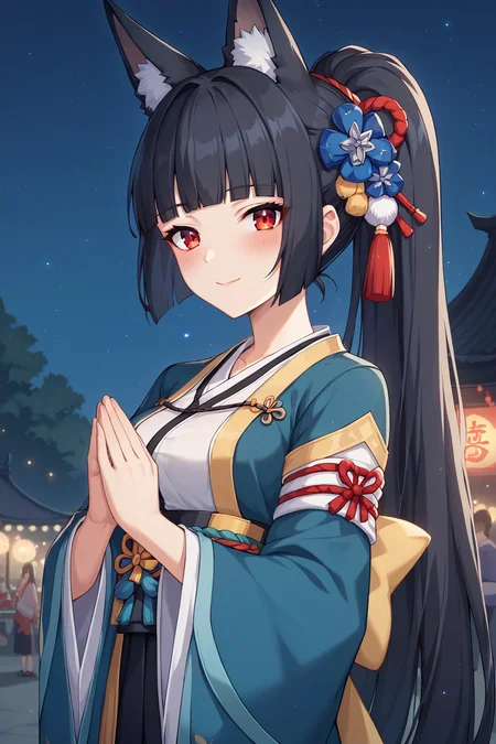 score_9, score_8_up, score_7_up, source_anime, 1girl, prefect lighting, very aesthetic, intricate details, highly detailed background, masterpiece, high quality, prefect hands, best quality, solo,
<lora:Hoshimi_Miyabi_ZZZ_V1:.85>, KJOhoshimi, long hair, animal ears, hime cut, black hair, red eyes,
kimono, ponytail, hair ornament,
praying, light smile, looking at viewer, blush,
night, festival,
(Beautiful, medium Breasts:1.2), natural breasts,