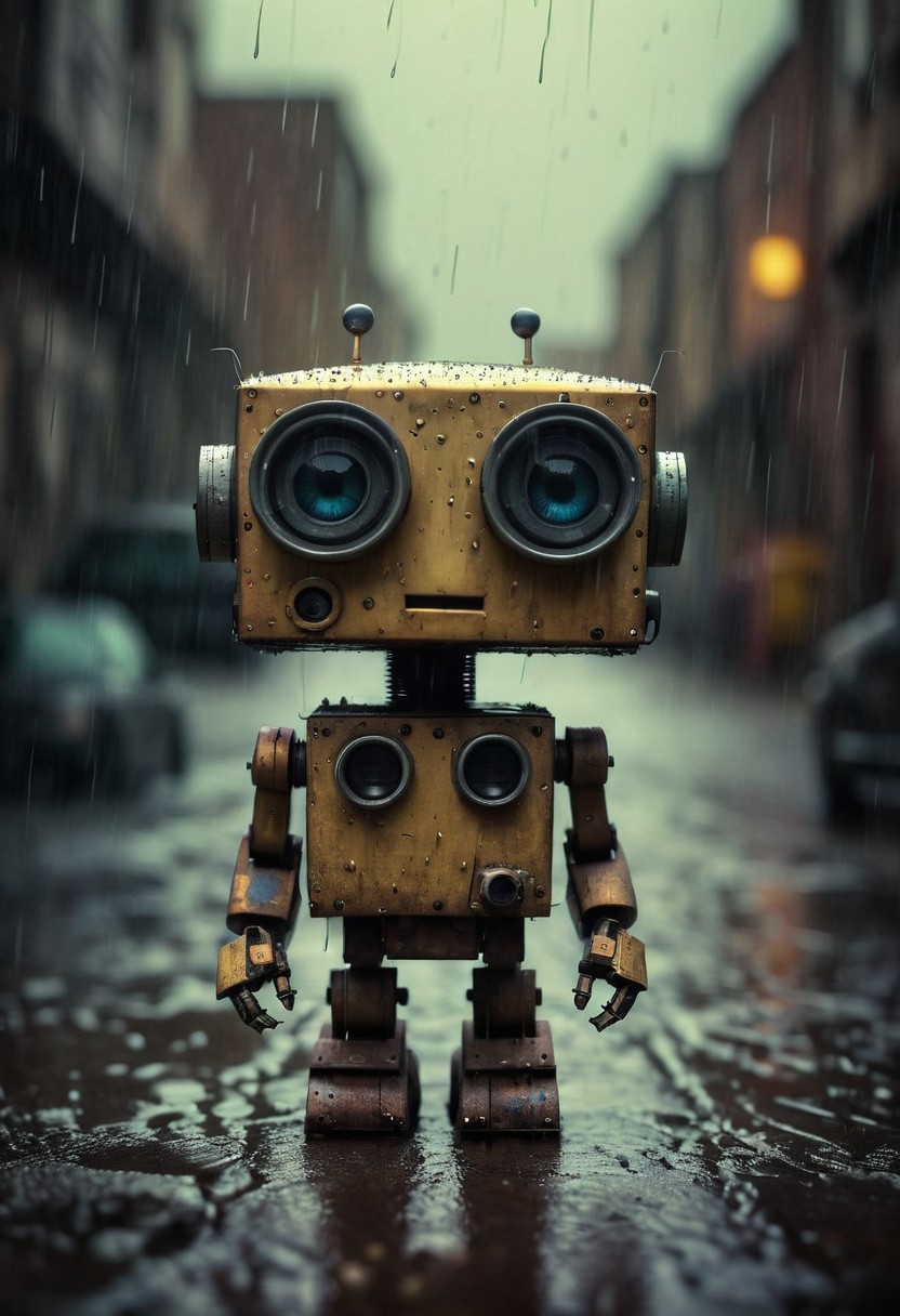 Small robot, cute robot, rectangular body, treaded wheels, compact head, expressive binocular-like eyes, sad and curious appearance, heartbreaking, cute, heavy rain, very sad, lonely, lost place, cyberpunk, desaturated, vibrant colors, dramatic lighting, desaturated background, bokeh, dark theme, soothing tones, depth of field, dramatic backlighting, film grain,