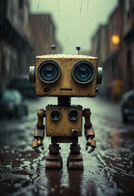 Small robot, cute robot, rectangular body, treaded wheels, compact head, expressive binocular-like eyes, sad and curious appearance, heartbreaking, cute, heavy rain, very sad, lonely, lost place, cyberpunk, desaturated, vibrant colors, dramatic lighting, desaturated background, bokeh, dark theme, soothing tones, depth of field, dramatic backlighting, film grain,