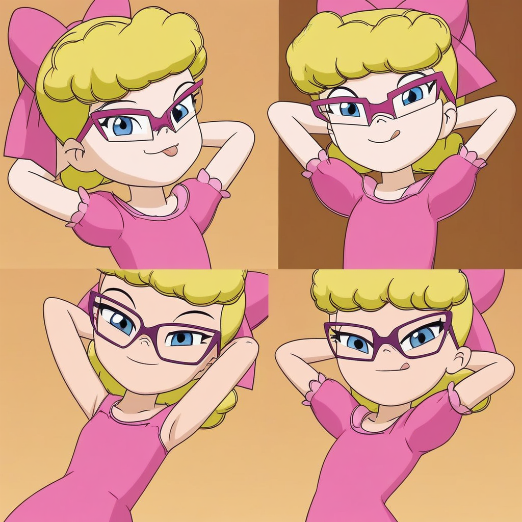 penny_st, blonde_hair, hair bow, glasses, blue eyes, cute, pink dress, hands behind head, looking at viewer, tongue