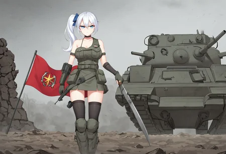 Best quality,ultra Hd, war zone ambience,short skirt,source anime, hammer and sickle cross symbol on red flag,game CG,battle style thigh high sock, smooth skin, soft medium round breast,glowing body,nice blue eye,long light white hair girl,side ponytail with ribbon, black & white elegant Soviet army winter outfit, outdoor,bare shoulder,waifu material, very sour face, hand hold SVD riffle , lawfull good tsundere girl, serious vibes, she with upset face with position to fire ,pointing gun at enemy,arctic cycle front,under heavy enemy concentrate fire, Trench
with barbwire background,bottle of Vodka,sit on Trench with return fire,bullet casing, Blizzard ,pout face,cold looking eye, group of Ally soldier support her with fire from armored personal carrier turret gun,trenches warfare,T 34 tank with red flag fighting armored train mortar