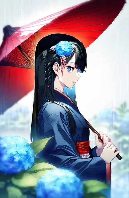 masterpiece,best quality,amazing quality,very aesthetic,absurdres,newest,impactful picture,offcial art,movie perspective,
lobelia \(doa\),long hair, asymmetrical bangs, single braid, side braid,looking at viewer,blue hair,
artist:carnelian:1.2,zounose,
japanese clothes, kimono, hair ornament, hydrangea, umbrella, blue eyes, hair flower, holding, blue kimono, upper body, bangs, blue flower, from side, outdoors, rain, black hair, holding umbrella, closed mouth, oil-paper umbrella, leaf, sidelocks, sunlight, profile 
 <lora:doa_lobelia_noobxl_vpred10_v10:1.0>