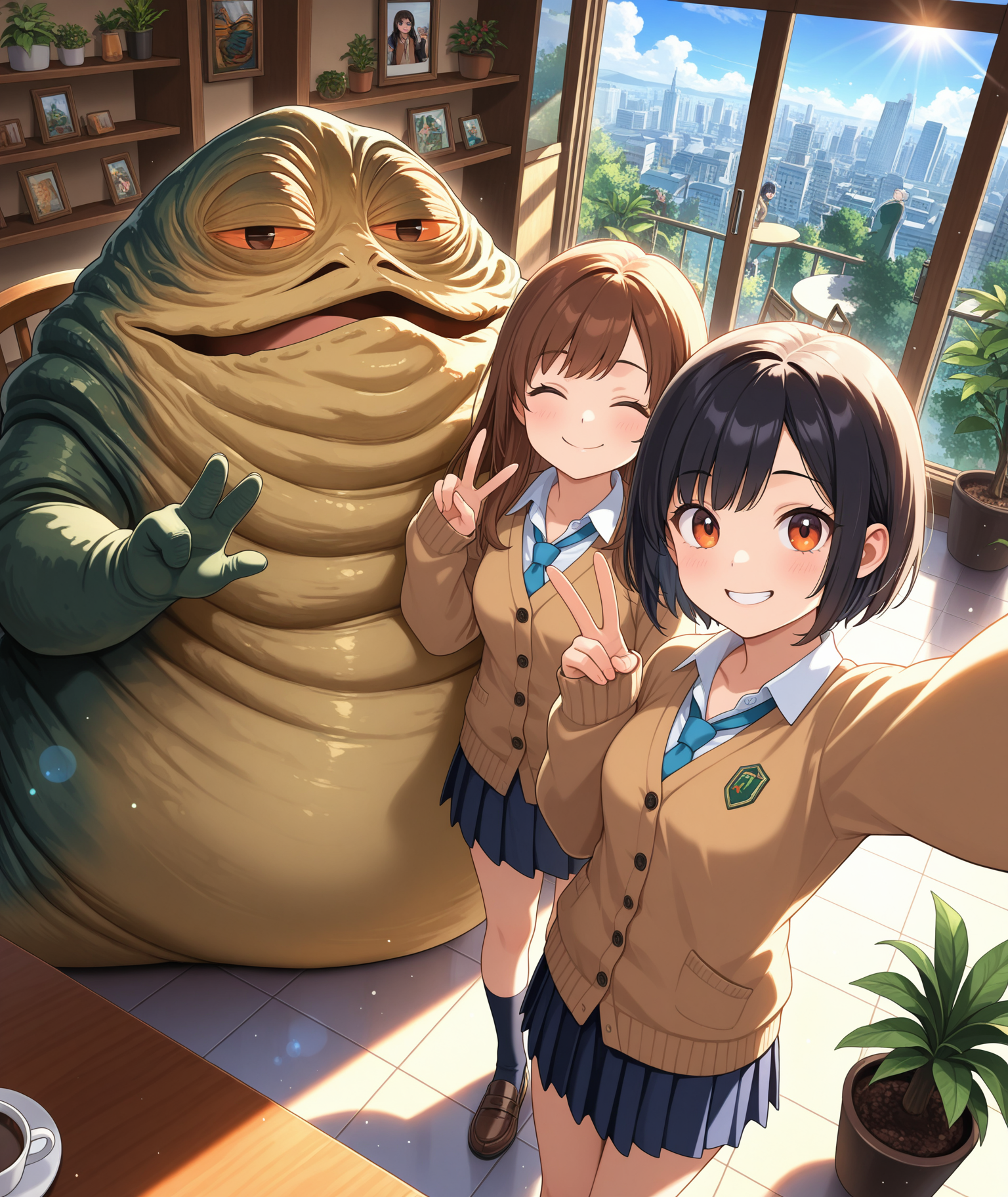 2girls, brown hair, black hair, short hair, long hair, medium breasts, small breasts, brown cardigan, pleated skirt, sleeves past wrists, happy, smile, selfie, facing viewer, looking at viewer, couple, from above, v, 1boy, <lora:swJabba_IL_LoRA+_8_8_8_8_4_AdamW:1>, jabba the hutt, monster, snake, orange sclera, colored skin, size difference, scenery, light particles, light rays, dutch angle, cafe, tile floor, coffee, coffee table, chair, potted plant, picture frame, shelf,cityscape, city, dappled sunlight, sunlight, lens flare, backlighting, tree, blue sky, cloud, masterpiece, best quality, amazing quality