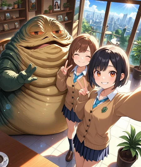 2girls, brown hair, black hair, short hair, long hair, medium breasts, small breasts, brown cardigan, pleated skirt, sleeves past wrists, happy, smile, selfie, facing viewer, looking at viewer, couple, from above, v, 1boy, <lora:swJabba_IL_LoRA+_8_8_8_8_4_AdamW:1>, jabba the hutt, monster, snake, orange sclera, colored skin, size difference, scenery, light particles, light rays, dutch angle, cafe, tile floor, coffee, coffee table, chair, potted plant, picture frame, shelf,cityscape, city, dappled sunlight, sunlight, lens flare, backlighting, tree, blue sky, cloud, masterpiece, best quality, amazing quality