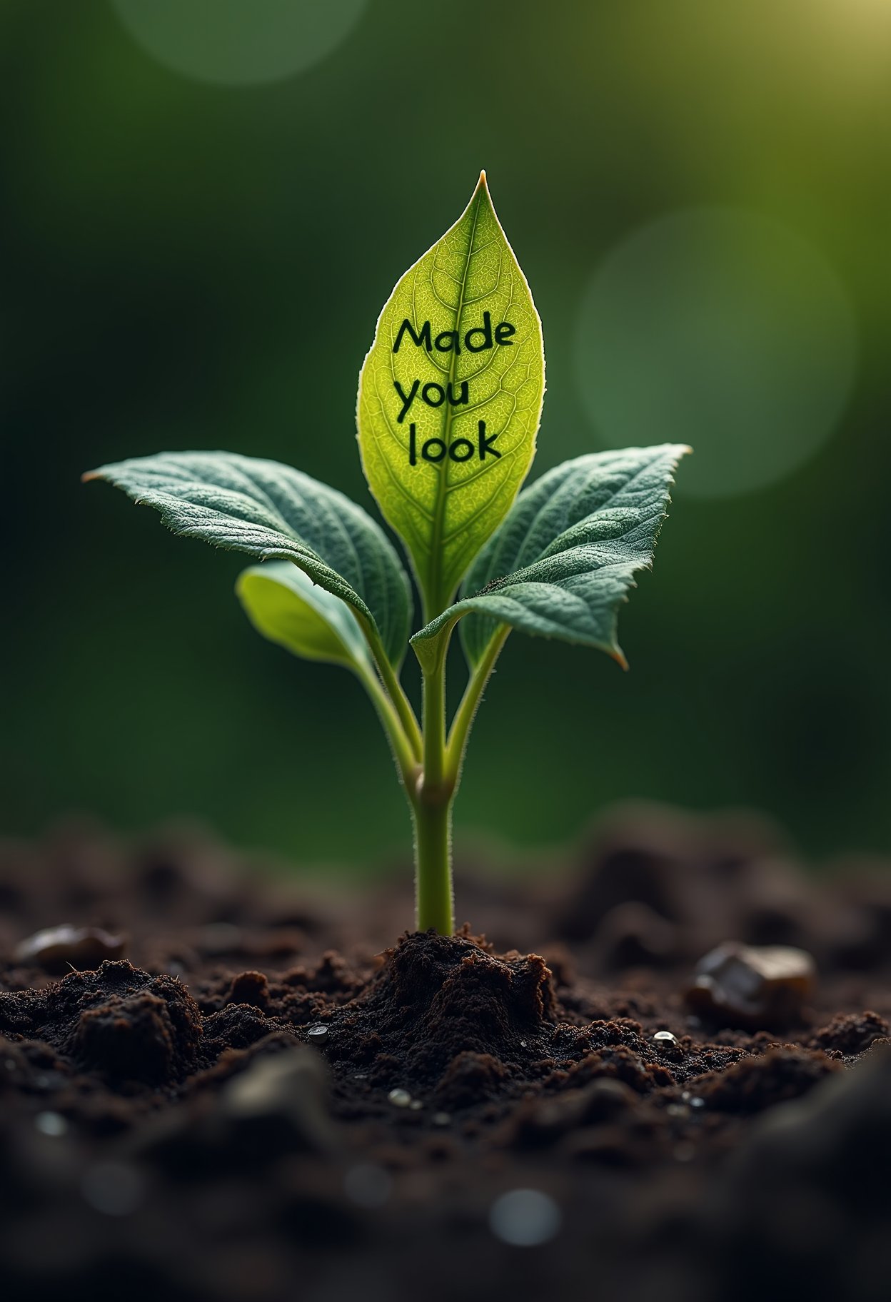 macro shot of a seedling rising from the muddy ground in an elegant twist of entanglement, its leaves turning into galactic inspired foliage carrying a hidden message carved into the leaves with the text "Made you look",  Canon EOS R5, F11<lora:Dever_Flux_Enhancer:0.5>