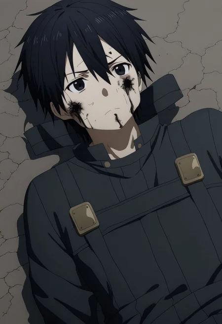 high resolution, professional photography, best quality, 1Boy, Kirigaya Kazuto, Black Hair, Black Eyes, overalldetail, lying down, conquered, hurt, dying, battered, blank stare, bruised