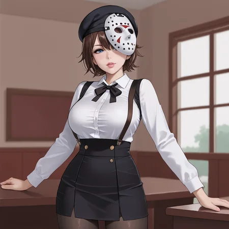 <lora:bishoujojason_pony_v1:.75> BishoujoJason, 1girl, solo, large breasts, mask, brown hair, short hair, blue eyes, lips, cowboy shot, <lora:0902 Home wear 5_v1_pony:1> ruanyi0902,beret,black ribbon,collared shirt,black pantyhose,high-waist skirt,white shirt,suspenders