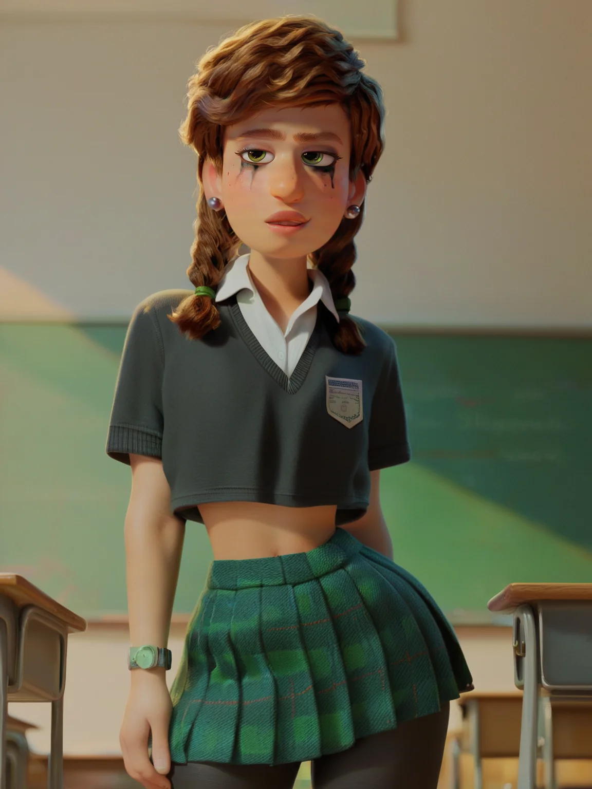 <lora:Miriam_Mendelsohn:0.7> m_m, 1girl, green eyes, ginger hair, braids hair, earrings, goth makeup, ruined makeup, seductive gaze, school uniform, leggings, black hair, small waist, narrow hips, classroom setting, cowboy_shot, score_9, score_8_up, score_7_up,
