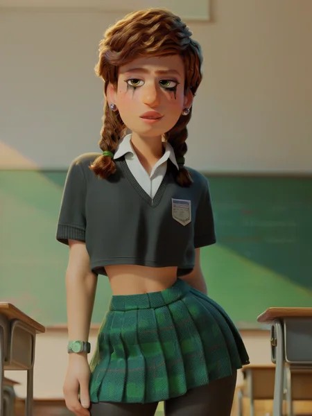 <lora:Miriam_Mendelsohn:0.7> m_m, 1girl, green eyes, ginger hair, braids hair, earrings, goth makeup, ruined makeup, seductive gaze, school uniform, leggings, black hair, small waist, narrow hips, classroom setting, cowboy_shot, score_9, score_8_up, score_7_up,