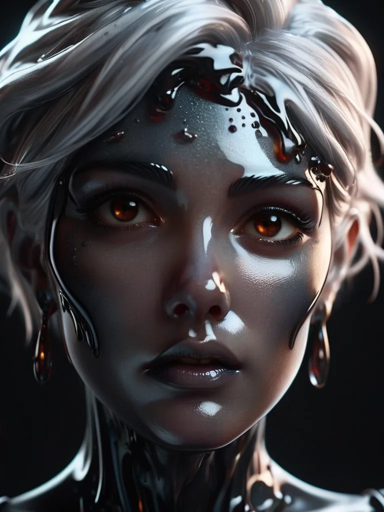 A beautiful older female malevolent evil dark sinister vampire goth demon seductress, white hair, wearing intricate translucent leather outfit, motion, movement, looking away, digital painting, octane render, hd, borealis, eerie moonlight illumination, soft warm ambient glow, cinematic Lighting, Realistic, Sharp Focus, dark, evil, dynamic, view from below, wide shot, sci-fi concept art portrait, hyperdetailed intricately detailed sf art, detailed matte painting, deep color, fantasy concept art, masterpiece, photography, bioluminescent,80mm lens, 8k <lora:ral-motoroil-sdxl:1> made of ral-motoroil