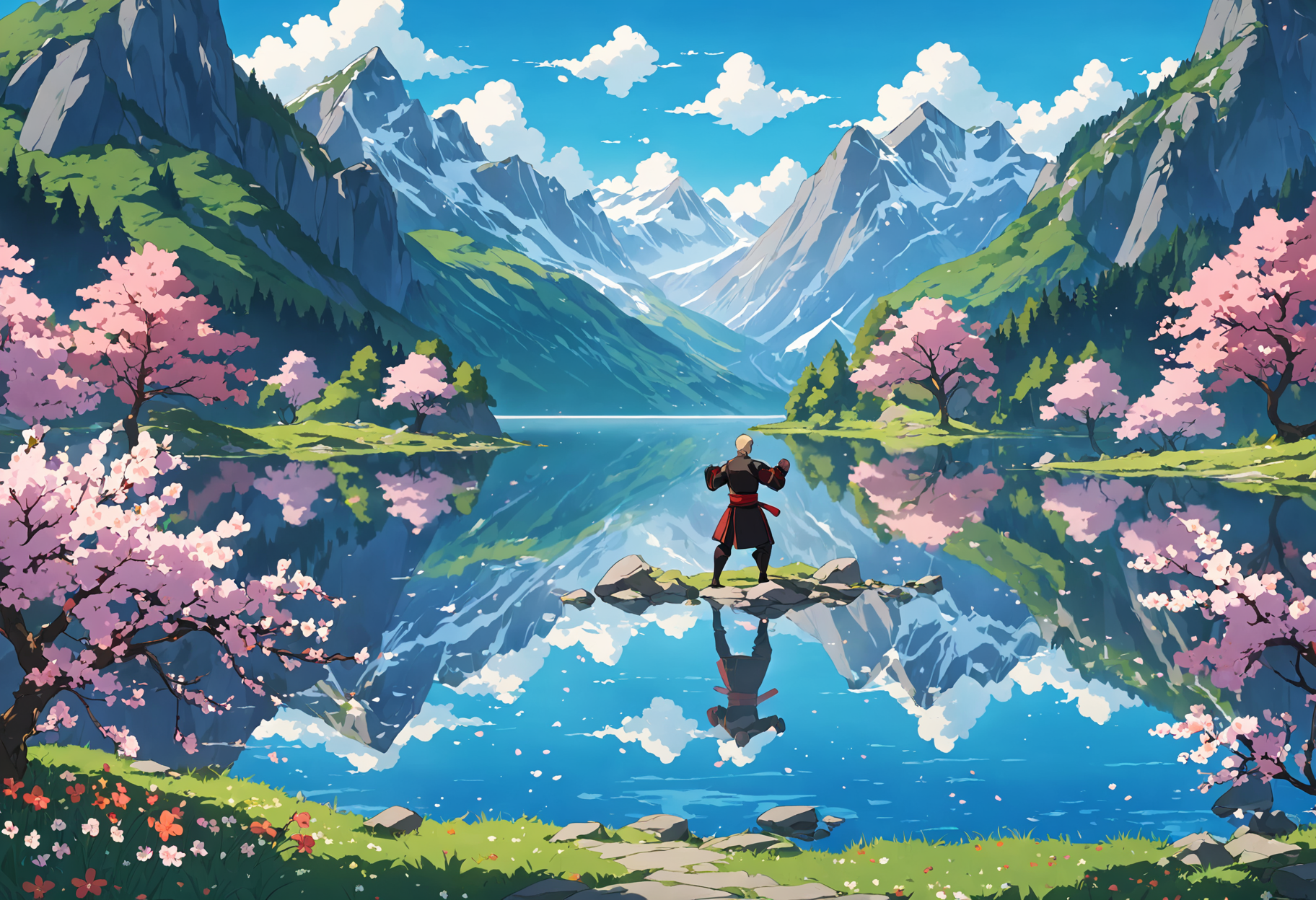anime screencap, place of everlasting grace, lake, clear waters, scenery,spring, bloom, national geographic photo, award winning, trending on artstation, rutkowski inspired intricacies, detailed, highres, martial arts training solo, focus on landscape, by studio Mappa, reflections,
<lora:add-detail-xl:1>