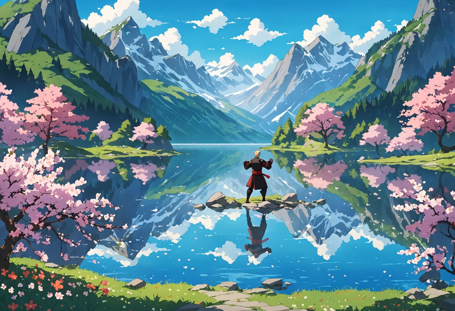 anime screencap, place of everlasting grace, lake, clear waters, scenery,spring, bloom, national geographic photo, award winning, trending on artstation, rutkowski inspired intricacies, detailed, highres, martial arts training solo, focus on landscape, by studio Mappa, reflections,
<lora:add-detail-xl:1>