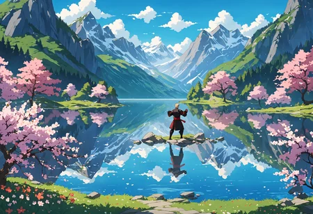 anime screencap, place of everlasting grace, lake, clear waters, scenery,spring, bloom, national geographic photo, award winning, trending on artstation, rutkowski inspired intricacies, detailed, highres, martial arts training solo, focus on landscape, by studio Mappa, reflections,
<lora:add-detail-xl:1>