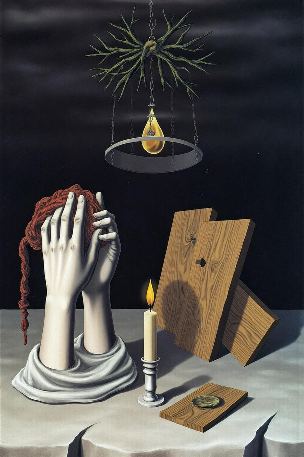 renemag1 painting.
The central focus is a pair of disembodied hands, rendered in a smooth, almost sculptural style, with a ghostly, ethereal quality. The hands are white and are clasping a twisted, red ribbon or cord, which appears to be wrapped around a central, mysterious object. In the center is a burning candle, and two planks of wood. Some thorn are suspended mid-air at the top.
 <lora:renemag1_cap_d6a3:1.0><lora:829578169070826369:0>