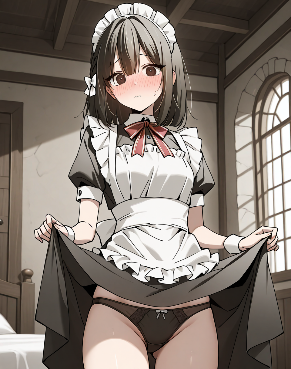 flame_blink, black eyes, black hair, short hair, 1girl, small breasts,braid, hair bow, wrist cuffs, maid uniform, white maid headdress, white apron, red neck ribbon, black skirt, black panties BREAK indoors, medieval, bedroom, BREAK looking at viewer, skirt lift, embarassed, blush, full blush, showing panties  BREAK masterpiece, best quality), amazing quality, absurdres, highres, newest, HDR, 8K, solo,  <lora:Flame:0.8>