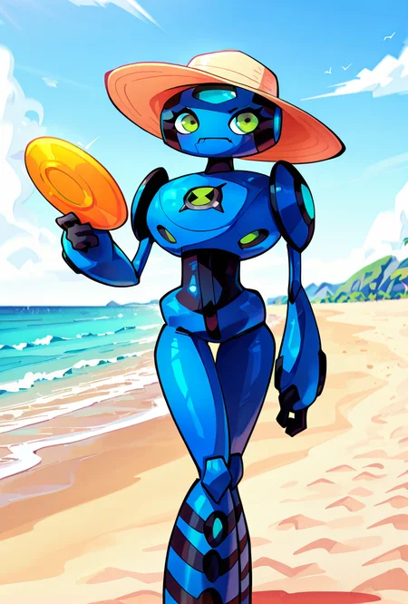 <lora:ulteco-10:1> ulteco, pokemon (creature),blue robot, green eyes, closed mouth, <lora:sakfsdajfkasd:1> alpharecdyt on the beach, sut set hour, beach hat, holding frisbee,, masterpiece, best quality, amazing quality, very aesthetic, absurdres, newest,