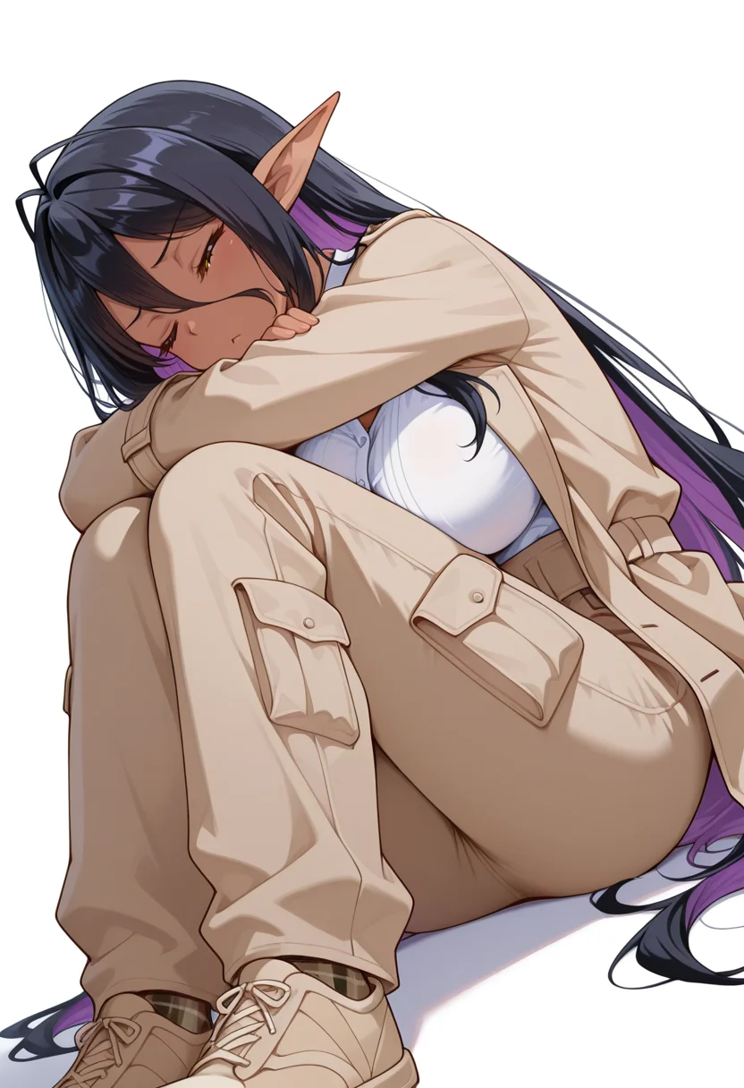 masterpiece,high quality details, absurdres,
<lora:Mariabell:0.8>
mariabell_cnr, black hair, purple hair,olored inner hair, very long hair, hair between eyes,dark elf, slit pupils, large breasts,antenna hair,, simple background, white background, from below,solo,, ;<,, curled fetal position,sitting sideways,half-kneeling position,, wince,sulking,, bishop sleeve blouse ,trench coat ,cargo pants, ,plaid legwear,