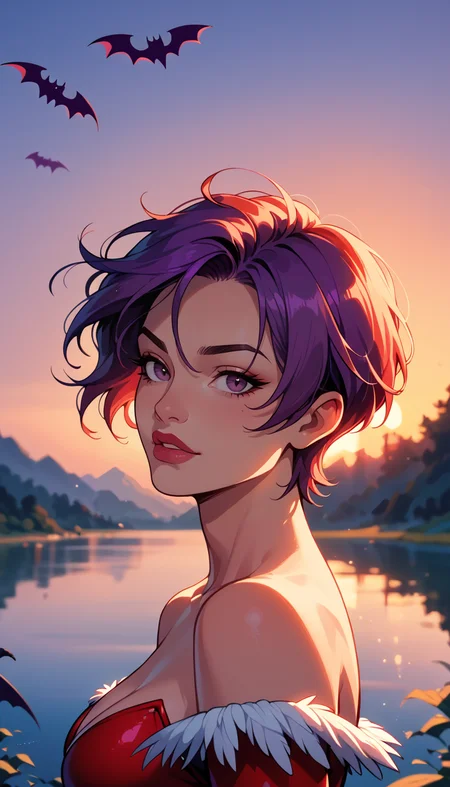 score_9, score_8_up, score_7_up, (Western Comics), (Lilith Aensland), cute, seductive, purple short hair, floating hair, luscious lips, red leather body, bat wings, backlight, (sunset), (lake background), (Portrait photo), (depth of field), (dynamic angle), (ultra detailed, high quality texture), (sharp), (artistic image)