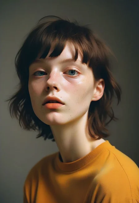 A photo Luce Doe, a 25 year old woman.  Short boyish hair, black hair. Posing in the studio. Soft studio lighting. 
Detailed, emotional face.
(detailed skin, pores, sweat, rosacea, blemishes, acne, freckles, imperfections, tan (moles-)), detailed eyes,
 style of Caravaggio.
Hasselblad, Kodak Ektar 100