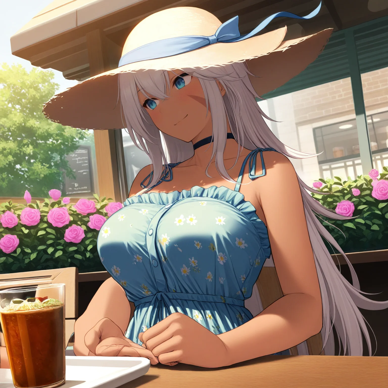 safe, masterpiece, best quality, outside, cafe, terrace, flowers, table
BREAK indiana, face scar, floral sundress, summer hat, sitting, relaxing
 <lora:Indiana_NAIXL_v11:1>