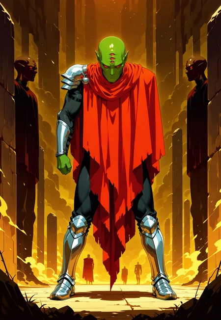 masterpiece, best quality, amazing quality, very aesthetic, absurdres, newest, drvenoilxl, 1boy, red eyes, 3 forehead eyes, extra eyes, male focus, pointy ears, green skin, single pauldron, vambraces, bald, red cloak, (((old man))), black bodysuit, greaves, wrinkles, alien, full body, looking at viewer, standing pose,