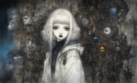<lora:amano_yoshitaka_xl:1>  woman, by amano yoshitaka, fine white clothes, curiosity. Cute, shy, expressive eyes, full body shot, dark eyes, ancient mechanical devices in the background, Emily Balivet, Tim Blandin, James C. Christensen, Carne Griffiths, (1girl, portrait:0.5), eyeshadow, eyeliner, black lipstick