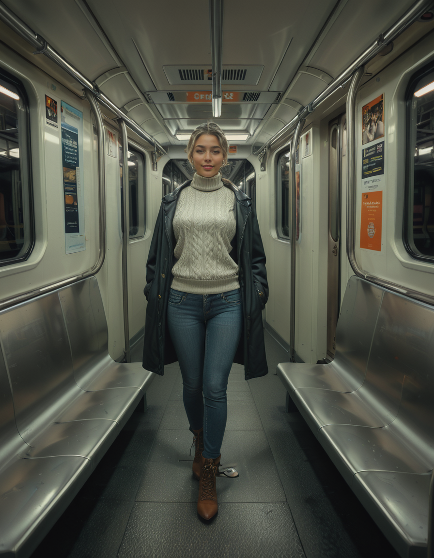 A modern subway train,Subw4y tr41n, in motion, with a single woman standing near the center of the train car, holding onto a shiny metal pole for balance as the train glides along the tracks. The woman is dressed casually yet stylishly, wearing a long black coat over a beige turtleneck sweater, paired with slim-fit jeans and ankle boots. Her hair is neatly tied back into a low bun, with a few loose strands framing her face. She has a thoughtful, calm expression, her gaze directed slightly downward as if lost in her own world. In her other hand, she holds a small tote bag, its strap looped over her wrist, with a paperback book peeking out from the top.
The subway car is clean but shows subtle signs of daily use. The walls are lined with muted gray panels, and the seats along the edges of the car are upholstered in a dark blue fabric, slightly faded from wear. Overhead, fluorescent lighting casts a bright, even glow across the interior, causing faint reflections on the polished floor, which is marked with the occasional scuff from commuters' shoes. Metal grab handles hang from above, gently swaying with the trainâs movement, and shiny steel poles are strategically placed throughout the car.
The windows on both sides reveal a blurry, motion-filled view of the dark subway tunnel, interspersed with flashes of graffiti-covered walls and dim utility lights. Above the windows, digital displays show the next stop in bright LED text, along with a route map that runs the length of the car. Small advertisements are mounted on the walls, showcasing everything from city events to product promotions, some with vibrant colors that add subtle contrast to the neutral tones of the train.
The atmosphere feels still and introspective, with the soft hum of the train and the occasional squeal of the wheels on the track. The train is sparsely occupied, with a few empty seats and subtle details like a forgotten coffee cup on one bench and a folded newspaper lying on the floor. The overall mood is quiet and reflective, capturing a moment of solitude and thoughtfulness during an ordinary subway ride.<lora:SDXLFaeTastic2400:0.4> <lora:extremely_detailed:0.4> extremely detailed, <lora:Subw4y_tr41n:1>, Masterpiece,best quality,hi res,8k,hi res,8k,award winning,(sharp focus, intricate, highly detailed),