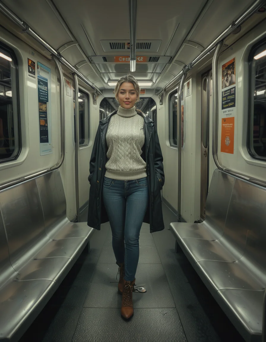 A modern subway train,Subw4y tr41n, in motion, with a single woman standing near the center of the train car, holding onto a shiny metal pole for balance as the train glides along the tracks. The woman is dressed casually yet stylishly, wearing a long black coat over a beige turtleneck sweater, paired with slim-fit jeans and ankle boots. Her hair is neatly tied back into a low bun, with a few loose strands framing her face. She has a thoughtful, calm expression, her gaze directed slightly downward as if lost in her own world. In her other hand, she holds a small tote bag, its strap looped over her wrist, with a paperback book peeking out from the top.
The subway car is clean but shows subtle signs of daily use. The walls are lined with muted gray panels, and the seats along the edges of the car are upholstered in a dark blue fabric, slightly faded from wear. Overhead, fluorescent lighting casts a bright, even glow across the interior, causing faint reflections on the polished floor, which is marked with the occasional scuff from commuters' shoes. Metal grab handles hang from above, gently swaying with the trainâs movement, and shiny steel poles are strategically placed throughout the car.
The windows on both sides reveal a blurry, motion-filled view of the dark subway tunnel, interspersed with flashes of graffiti-covered walls and dim utility lights. Above the windows, digital displays show the next stop in bright LED text, along with a route map that runs the length of the car. Small advertisements are mounted on the walls, showcasing everything from city events to product promotions, some with vibrant colors that add subtle contrast to the neutral tones of the train.
The atmosphere feels still and introspective, with the soft hum of the train and the occasional squeal of the wheels on the track. The train is sparsely occupied, with a few empty seats and subtle details like a forgotten coffee cup on one bench and a folded newspaper lying on the floor. The overall mood is quiet and reflective, capturing a moment of solitude and thoughtfulness during an ordinary subway ride.<lora:SDXLFaeTastic2400:0.4> <lora:extremely_detailed:0.4> extremely detailed, <lora:Subw4y_tr41n:1>, Masterpiece,best quality,hi res,8k,hi res,8k,award winning,(sharp focus, intricate, highly detailed),