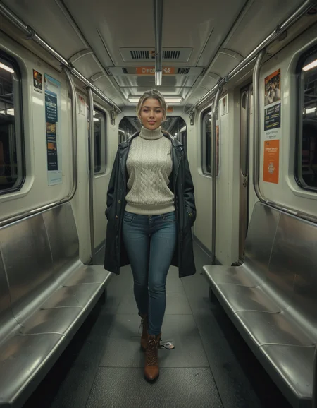 A modern subway train,Subw4y tr41n, in motion, with a single woman standing near the center of the train car, holding onto a shiny metal pole for balance as the train glides along the tracks. The woman is dressed casually yet stylishly, wearing a long black coat over a beige turtleneck sweater, paired with slim-fit jeans and ankle boots. Her hair is neatly tied back into a low bun, with a few loose strands framing her face. She has a thoughtful, calm expression, her gaze directed slightly downward as if lost in her own world. In her other hand, she holds a small tote bag, its strap looped over her wrist, with a paperback book peeking out from the top.
The subway car is clean but shows subtle signs of daily use. The walls are lined with muted gray panels, and the seats along the edges of the car are upholstered in a dark blue fabric, slightly faded from wear. Overhead, fluorescent lighting casts a bright, even glow across the interior, causing faint reflections on the polished floor, which is marked with the occasional scuff from commuters' shoes. Metal grab handles hang from above, gently swaying with the trainâs movement, and shiny steel poles are strategically placed throughout the car.
The windows on both sides reveal a blurry, motion-filled view of the dark subway tunnel, interspersed with flashes of graffiti-covered walls and dim utility lights. Above the windows, digital displays show the next stop in bright LED text, along with a route map that runs the length of the car. Small advertisements are mounted on the walls, showcasing everything from city events to product promotions, some with vibrant colors that add subtle contrast to the neutral tones of the train.
The atmosphere feels still and introspective, with the soft hum of the train and the occasional squeal of the wheels on the track. The train is sparsely occupied, with a few empty seats and subtle details like a forgotten coffee cup on one bench and a folded newspaper lying on the floor. The overall mood is quiet and reflective, capturing a moment of solitude and thoughtfulness during an ordinary subway ride.<lora:SDXLFaeTastic2400:0.4> <lora:extremely_detailed:0.4> extremely detailed, <lora:Subw4y_tr41n:1>, Masterpiece,best quality,hi res,8k,hi res,8k,award winning,(sharp focus, intricate, highly detailed),