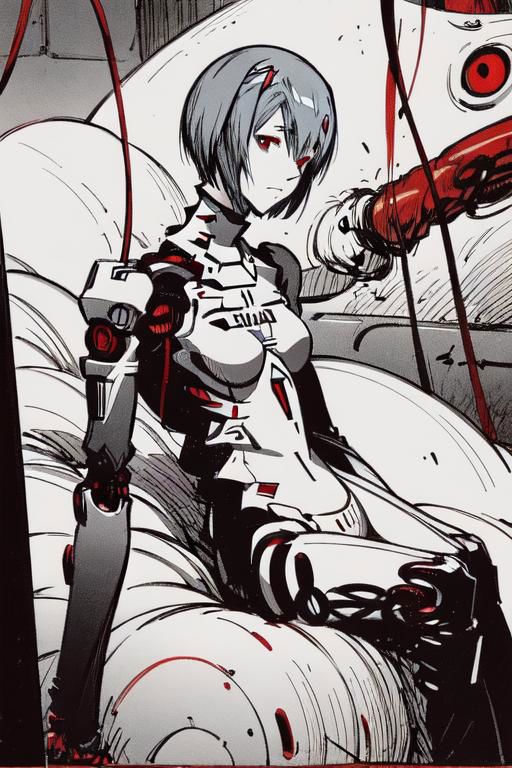 <lora:blame5:1>, cyborg rei ayanami, (ayanami rei:1.2), blue hair, short hair, (red eyes:1.3), portrait, dim light, ((heavy black and white)), only head portrait, blame, full of tubes, biomechanical, giger, horror, mechanical, tubes and metal, rei ayanami, (ayanami rei:1.2), blue hair, short hair, (red eyes:1.3),, bodysuit, headgear, plugsuit, black bodysuit, , hand drawn, pencil drawn, watercolor, painting, handmade
