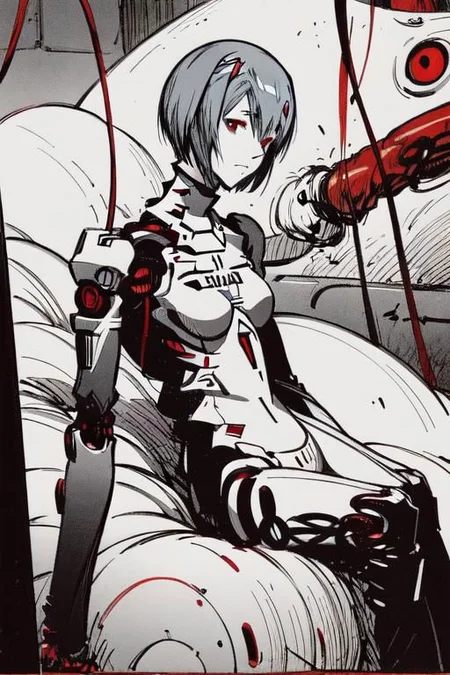 <lora:blame5:1>, cyborg rei ayanami, (ayanami rei:1.2), blue hair, short hair, (red eyes:1.3), portrait, dim light, ((heavy black and white)), only head portrait, blame, full of tubes, biomechanical, giger, horror, mechanical, tubes and metal, rei ayanami, (ayanami rei:1.2), blue hair, short hair, (red eyes:1.3),, bodysuit, headgear, plugsuit, black bodysuit, , hand drawn, pencil drawn, watercolor, painting, handmade