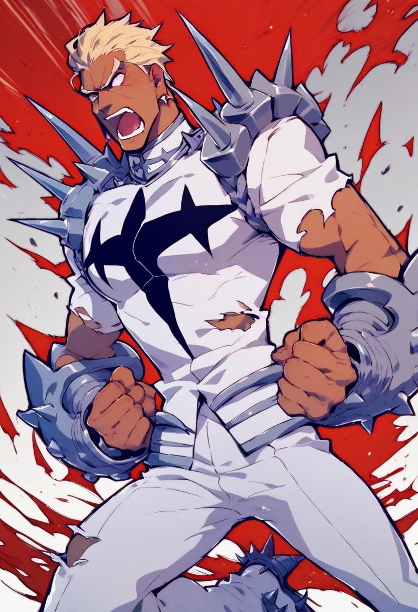 score_9, score_8_up, score_7_up, gamagori_ira, bara, blonde hair, dark skin, short hair slicked back, earrings, honnoji uniform, collar, white outfit, white pants, gauntlets, spikes, shoulder spikes, chest insignia, spiky shoes, ripping shirt off, torn clothes, screaming