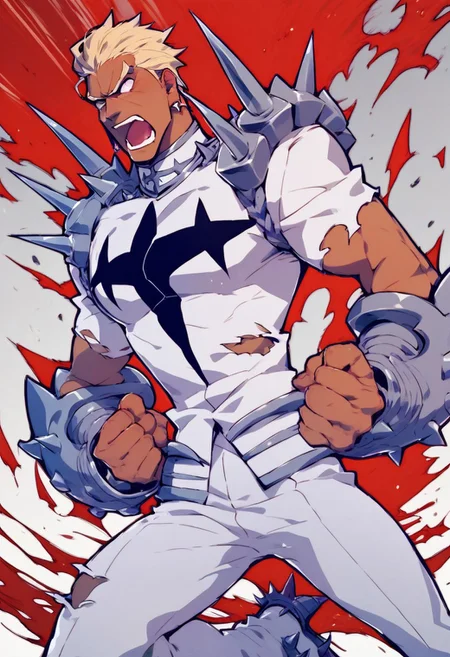 score_9, score_8_up, score_7_up, gamagori_ira, bara, blonde hair, dark skin, short hair slicked back, earrings, honnoji uniform, collar, white outfit, white pants, gauntlets, spikes, shoulder spikes, chest insignia, spiky shoes, ripping shirt off, torn clothes, screaming