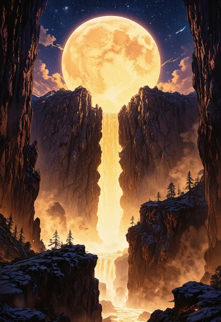 A massive full moon melting into a cascading waterfall, illuminating the night with golden light. The glowing river flows through a deep canyon under a starry sky, creating a surreal dreamlike atmosphere. The scene is ethereal, magical, and otherworldly, blending fantasy and surrealism into a visually mesmerizing composition