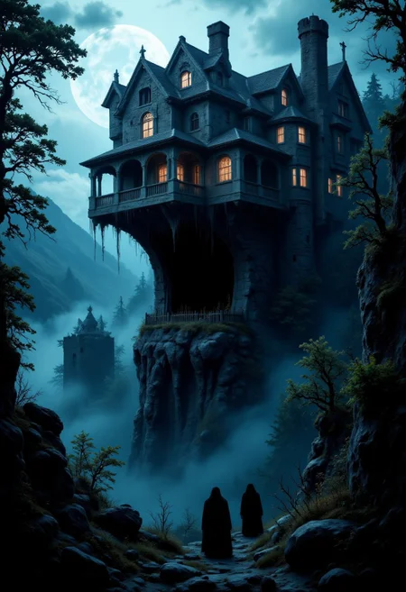 An ancient, crumbling mansion perched on a cliffside, with glowing windows and shadowy figures moving inside.
, aidmaHalloweenBoost, aidmafluxpro1.1, aidmaimageupgrader, aidmaHyperrealism
