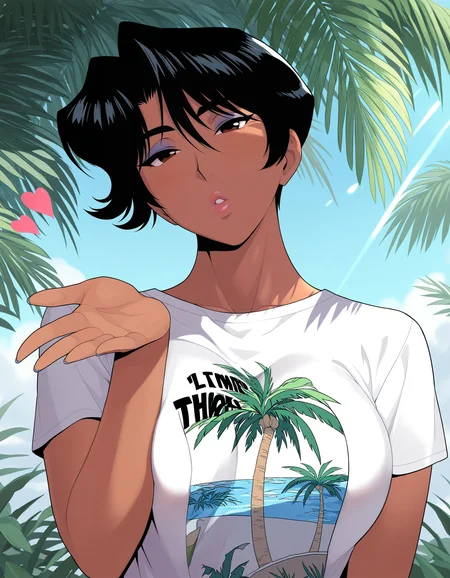 masterpiece, good quality, best quality, absurdres, highres, very awa,
hayami ayuko, upper body, blowing kiss, head tilt,
dark-skinned female, 1girl, solo, parted lips,
black hair, short hair, brown eyes, makeup, lips, lipstick,
white shirt, t-shirt, print shirt, palm tree print,
large breasts,
outdoors, tree, sidelighting, sunlight, day,
<lora:Hayami Ayuko 3216 NoobAIXL Vpred:1> 5 fingers