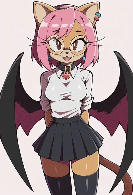 score_9, score_8_up, source_furry, 1girl, solo, furry, thighhighs, furry female, black thighhighs, wings, collar, pleated skirt, white pupils, black skirt, brown eyes, jewelry, earrings, round eyewear, pink hair, sidelocks, sweater, bangs, black wings, piercing, tan body fur, cat ears, cat tail, white shirt, medium breasts, tan muzzle fur, fangs <lora:Riders_XL_V2:0.9>, riders, shading
