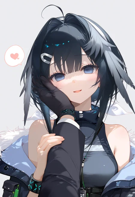 unnamed_style_3,
doctor \(arknights\), la pluma \(arknights\), 1girl, looking at viewer, blush, smile, short hair, blue eyes, simple background, shirt, black hair, long sleeves, hair ornament, white background, gloves, bare shoulders, jacket, upper body, ahoge, heart, parted lips, open clothes, sleeveless, black gloves, solo focus, hairclip, grey background, off shoulder, speech bubble, coat, black jacket, fur trim, head tilt, sleeveless shirt, pov, hair intakes, 1other, spoken heart, black coat, out of frame, fur-trimmed jacket, pov hands, hand on another's face, infection monitor (arknights), hand on another's cheek, feather hair
, masterpiece, best quality, good quality,
<lora:ai_styles_collection_noob_v29_v5:1>