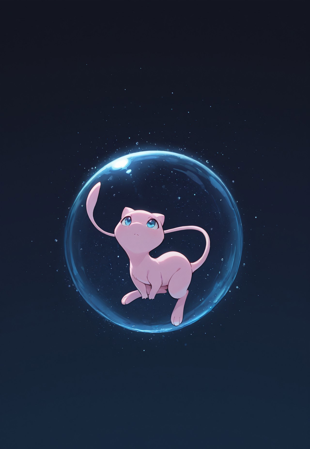 masterpiece, best quality, amazing quality, very aesthetic, absurdres, PKMN_Mew, solo, no humans, pink fur, blue eyes, sitting on oversized bubble, starry background, dark background, dynamic pose, perspective, looking up, ?