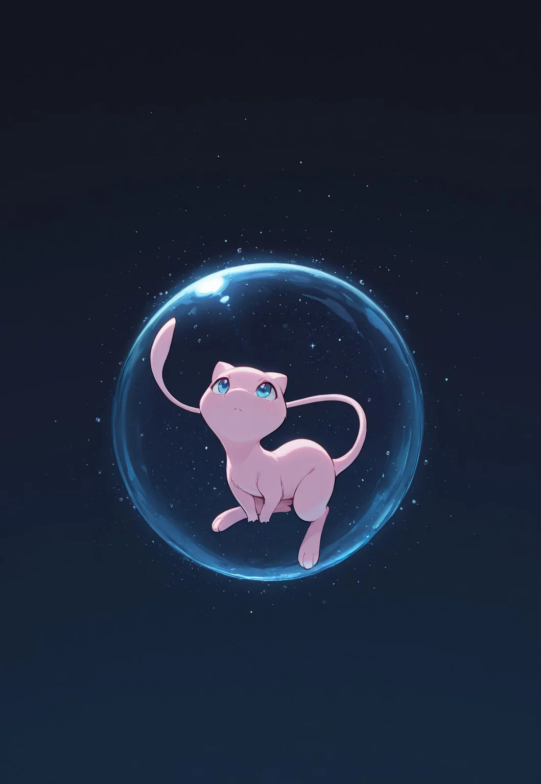 masterpiece, best quality, amazing quality, very aesthetic, absurdres, PKMN_Mew, solo, no humans, pink fur, blue eyes, sitting on oversized bubble, starry background, dark background, dynamic pose, perspective, looking up, ?