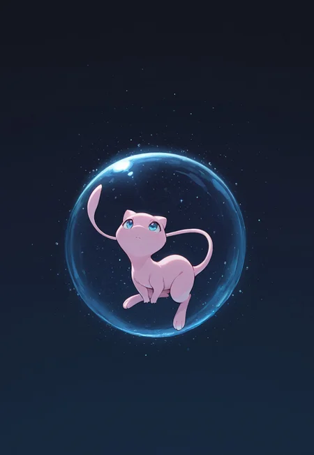 masterpiece, best quality, amazing quality, very aesthetic, absurdres, PKMN_Mew, solo, no humans, pink fur, blue eyes, sitting on oversized bubble, starry background, dark background, dynamic pose, perspective, looking up, ?