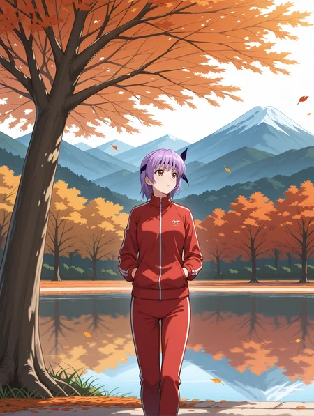 <lora:ayane-illustrious-000004:1> ayane, track suit,
1girl, hands in pocket, outdoors, autumn, lake, tree, mountain, falling leaves, wind
masterpiece, best quality