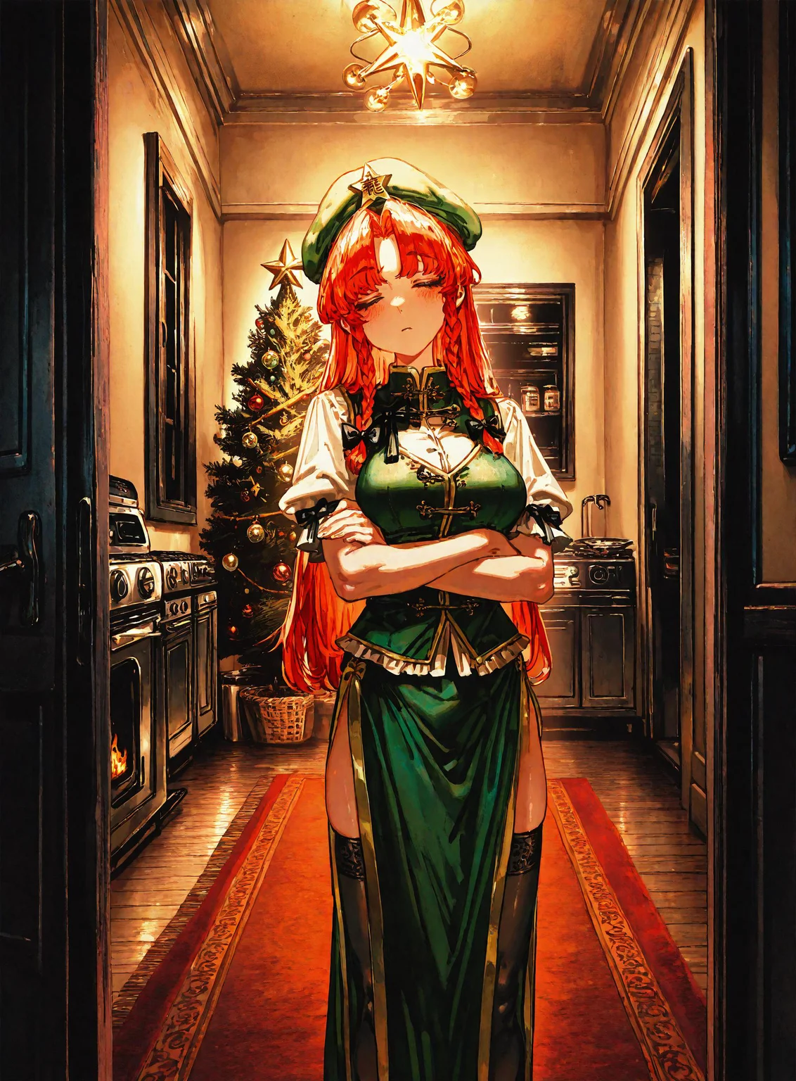 1girl, hong_meiling, blush ,braid, breasts ,chinese_clothes ,hat, long_hair, standing ,red_hair ,shirt star_(symbol) ,thighhighs, twin_braids, white_shirt,sleepy ,against_wall ,zzz,closed_eyes ,crossed_arms ,pov,
chrlib, scenery, indoors, living room, night, oven, christmas tree, christmas ornaments, red carpet,
, Fishine,ireading ,noya_makoto ,quasarcake, retro_artstyle, retro,looking_at_viewer ,
masterpiece, best quality, amazing quality, very aesthetic, absurdres, newest, <lora:ponyv5_noobE11_1_adamW:0.6>, <lora:add-detail-xl:0.5>, <lora:cfg_scale_boost:0.5>, <lora:retro_scifi_artstyle:0.6>, <lora:USNR STYLE_XL_loha:0.6>, <lora:Christmas living room:0.6>