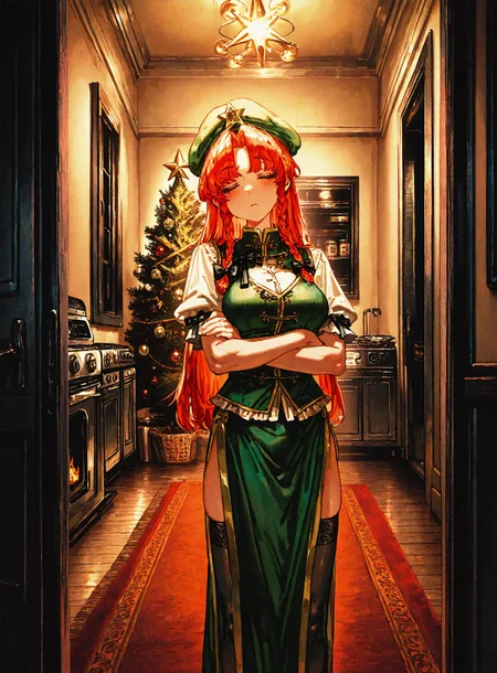 1girl, hong_meiling, blush ,braid, breasts ,chinese_clothes ,hat, long_hair, standing ,red_hair ,shirt star_(symbol) ,thighhighs, twin_braids, white_shirt,sleepy ,against_wall ,zzz,closed_eyes ,crossed_arms ,pov,
chrlib, scenery, indoors, living room, night, oven, christmas tree, christmas ornaments, red carpet,
, Fishine,ireading ,noya_makoto ,quasarcake, retro_artstyle, retro,looking_at_viewer ,
masterpiece, best quality, amazing quality, very aesthetic, absurdres, newest, <lora:ponyv5_noobE11_1_adamW:0.6>, <lora:add-detail-xl:0.5>, <lora:cfg_scale_boost:0.5>, <lora:retro_scifi_artstyle:0.6>, <lora:USNR STYLE_XL_loha:0.6>, <lora:Christmas living room:0.6>