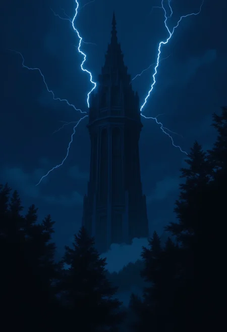 <lora:NeonFantasyPrimeFLUX-000049:1> ne0nfant4sy,
A tower made of black stone rising from the middle of a dark forest, with lightning crackling around its spire.