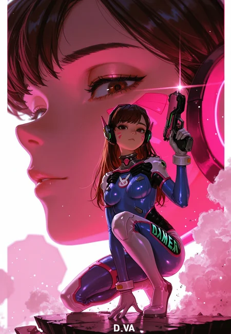 1girl, dva, d.va from Overwatch, breasts, solo, perfect medium breasts, bodysuit, brown eyes, full body, looking at viewer, brown hair, sitting, official alternate costume,checkered background,white background,Overwatch profile, full body,zoom layer,copyright name,character name,english text,logo,holding weapon,holding handgun,on one knee,looking to the side,two-tone, looking at viewer,face focus, eye trail,backlighting,pink and white theme,depth of field,cinematic lighting,light particles,lens flare, (artist:quasarcake:0.8),extreme aesthetic,(wlop:0.6),Visual impact,A shot with tension,Emotionalization,unconventional supreme masterpiece,masterful details,temperate atmosphere,with a high-end texture,in the style of fashion photography, (Visual impact:1.2),giving the poster a dynamic and visually striking appearance,impactful picture,offcial art,colorful,splash of color, flying debris,dust,smoke,masterpiece,best quality,amazing quality,((Best Quality)) (masterpiece) (details),
anime-style, Art8st, masterpiece, best quality, highly detailed, anime style, color theory, anime-art,